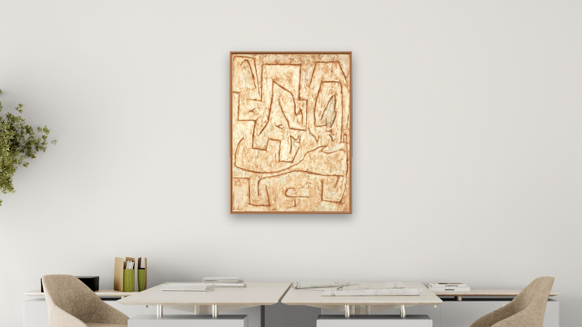 Latomie by Paul Klee, shown at 30 × 40 in (76.2 × 101.6 cm) on canvas in Arber Raw Oak, office