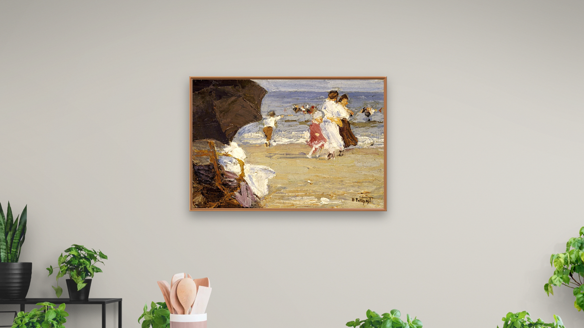 The Beach Umbrella by Edward Henry Potthast I, shown at 28 × 42 in (71.1 × 106.7 cm) on canvas in Arber Raw Oak, dining