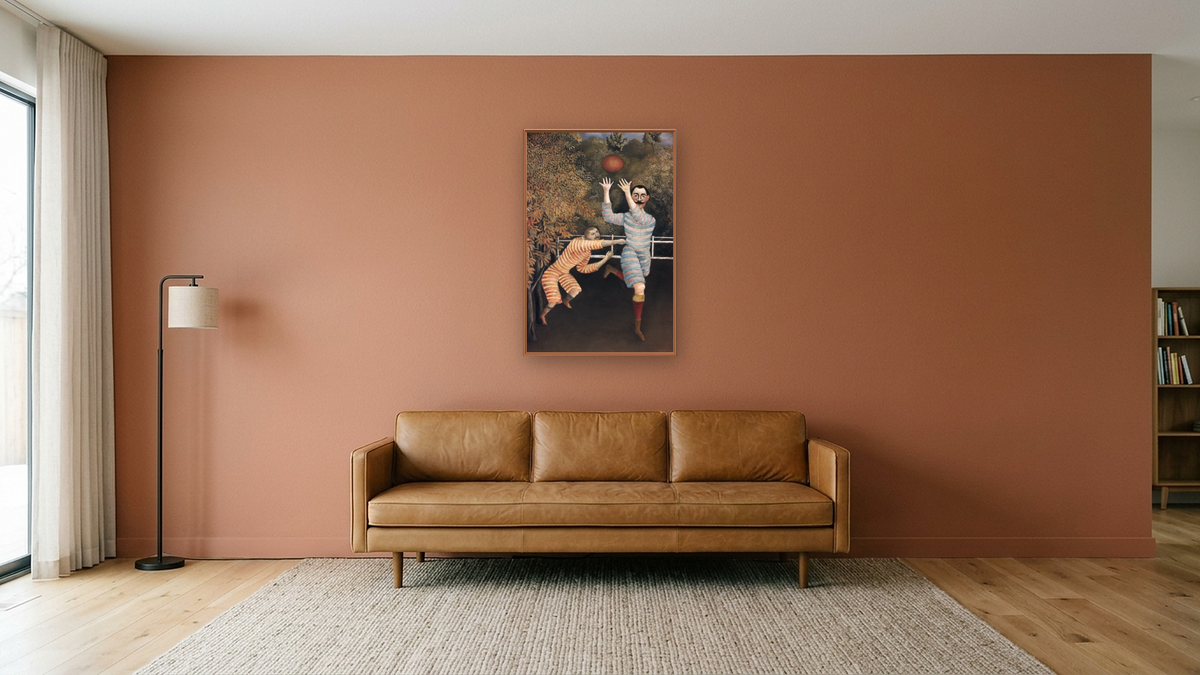 Detail of The Football Players by Henri Rousseau, shown at 28 × 42 in (71.1 × 106.7 cm) on canvas in Arber Raw Oak, media room