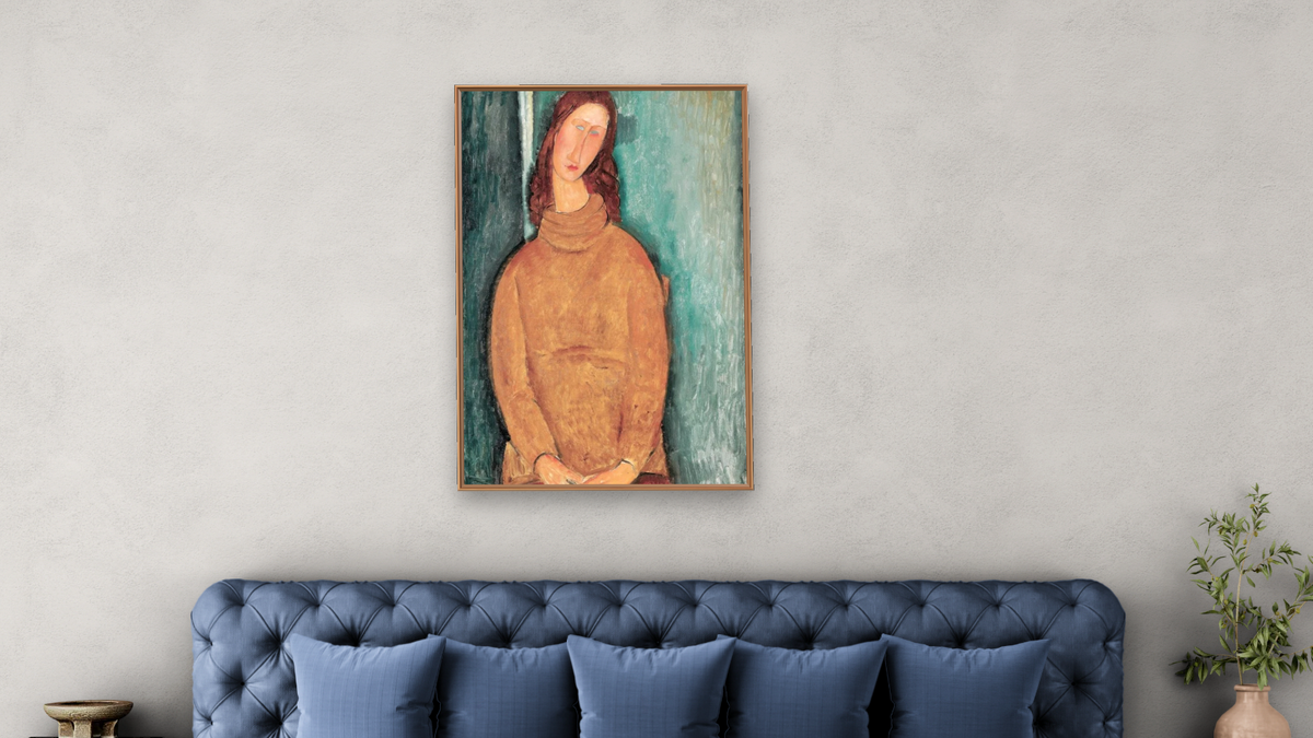 Portrait of Jeanne Hébuterne by Amedeo Modigliani, shown at 28 × 42 in (71.1 × 106.7 cm) on canvas in Arber Raw Oak, bedroom