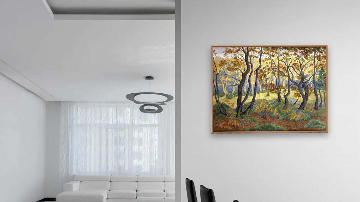 The Clearing by Paul Elie Ranson, shown at 30 × 40 in (76.2 × 101.6 cm) on canvas in Arber Raw Oak, dining