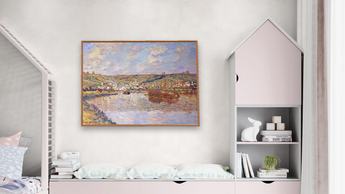 End of The Afternoon, Vetheuil by Claude Monet, shown at 30 × 40 in (76.2 × 101.6 cm) on canvas in Arber Raw Oak, bedroom