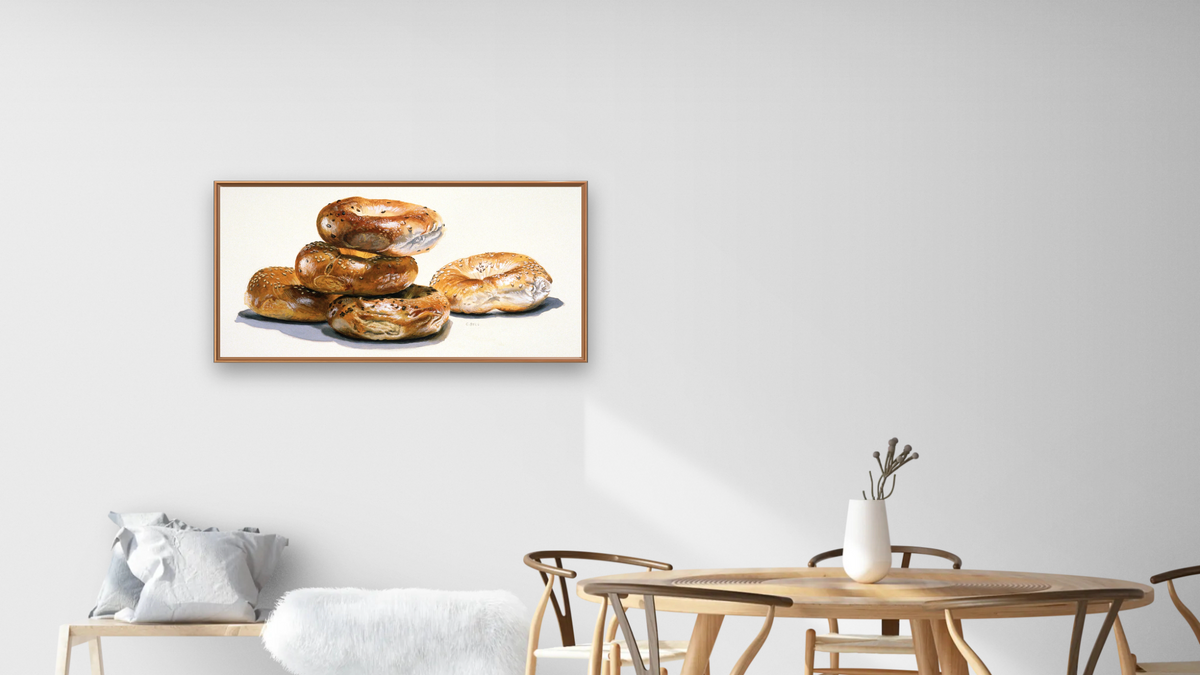 Bagels by Charles Bell, shown at 20 × 40 in (50.8 × 101.6 cm) on canvas in Arber Raw Oak, dining