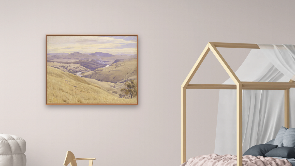 Weetangera, Canberra by Elioth Gruner, shown at 32 × 40 in (81.3 × 101.6 cm) on canvas in Arber Raw Oak, bedroom
