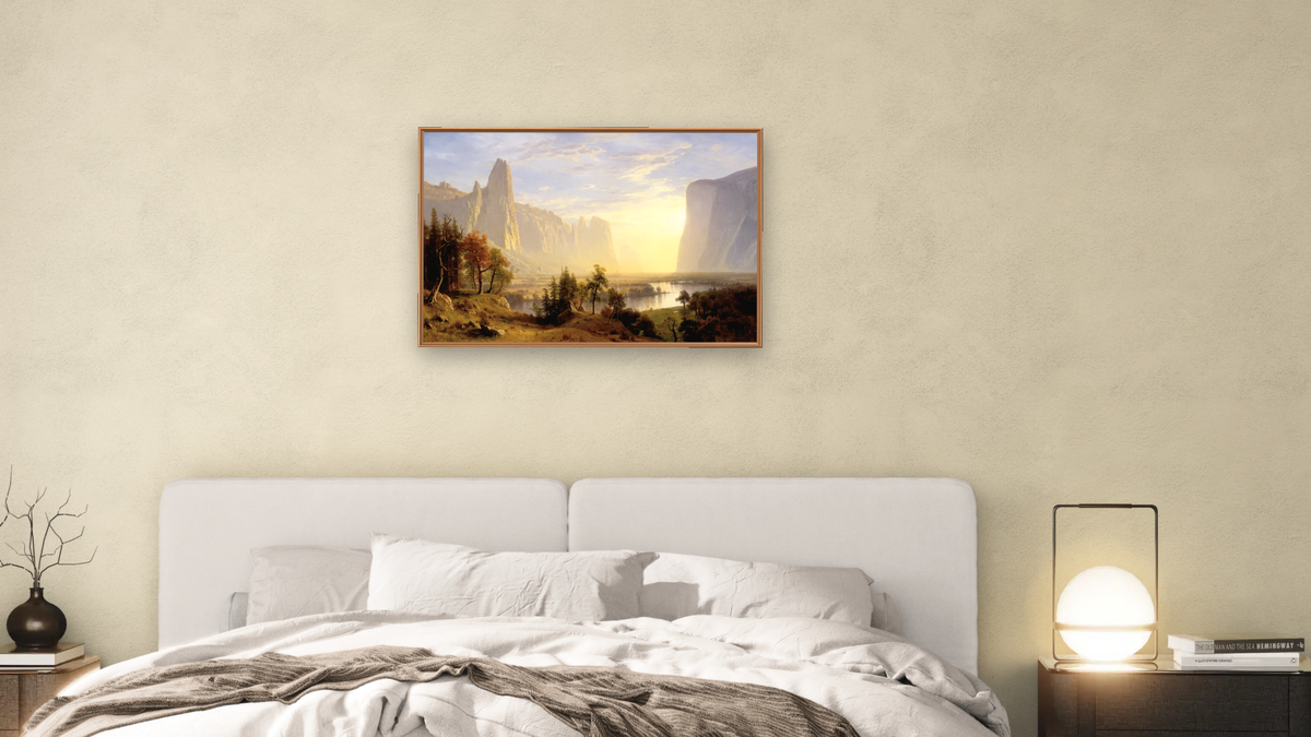 Yosemite Valley by Albert Bierstadt, shown at 28 × 42 in (71.1 × 106.7 cm) on canvas in Arber Raw Oak, bedroom