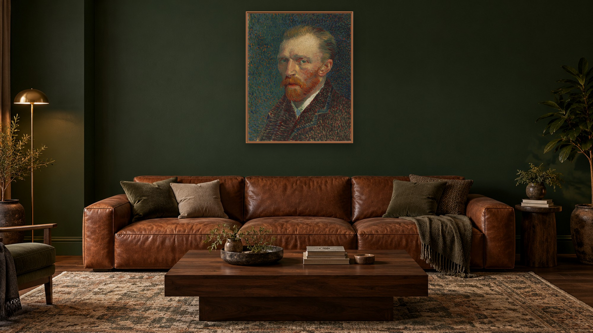 Self-Portrait by Vincent van Gogh, shown at 32 × 40 in (81.3 × 101.6 cm) on canvas in Arber Raw Oak, den