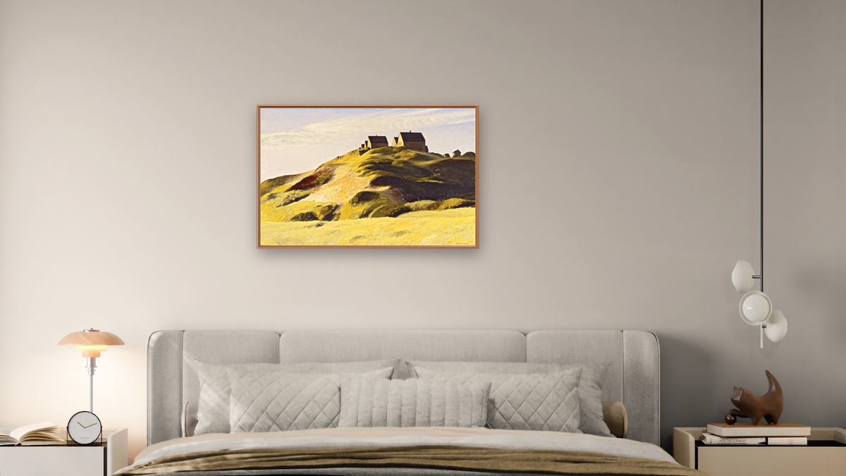 Corn Hill (Truro, Cape Cod) by Edward Hopper, shown at 28 × 42 in (71.1 × 106.7 cm) on canvas in Arber Raw Oak, bedroom