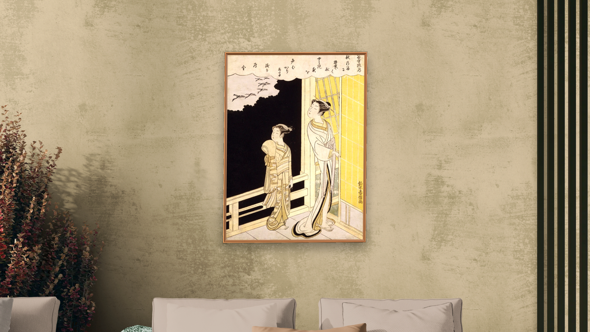 A Courtesan and Her Kamuro by Suzuki Harunobu, shown at 30 × 40 in (76.2 × 101.6 cm) on canvas in Arber Raw Oak, living