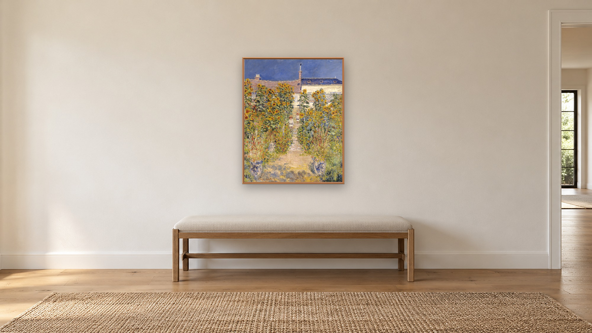 The Artist's Garden at Vetheuil by Claude Monet, shown at 32 × 40 in (81.3 × 101.6 cm) on canvas in Arber Raw Oak, hallway