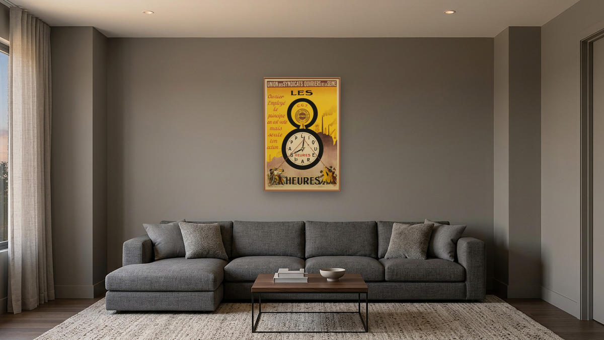 Les 8 Heures Work Incentive Poster by Doumenq, shown at 28 × 42 in (71.1 × 106.7 cm) on canvas in Arber Raw Oak, media room