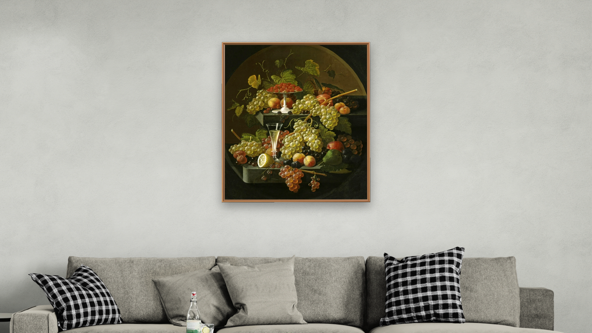 Fruit and Wine Glass by Severin Roesen, shown at 32 × 40 in (81.3 × 101.6 cm) on canvas in Arber Raw Oak, living