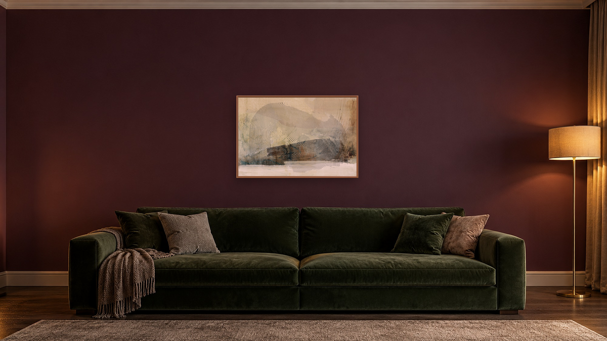 Bounty by Dan Hobday, shown at 28 × 42 in (71.1 × 106.7 cm) on canvas in Arber Raw Oak, den