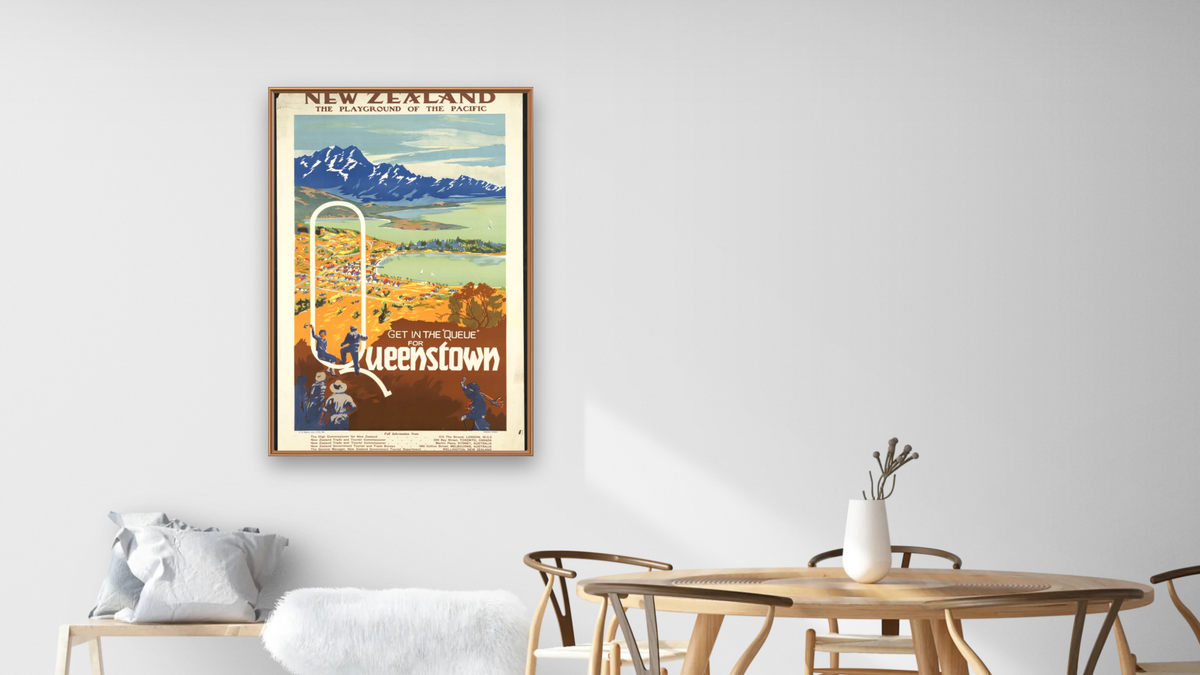 BPL Travel Posters, shown at 28 × 42 in (71.1 × 106.7 cm) on canvas in Arber Raw Oak, dining