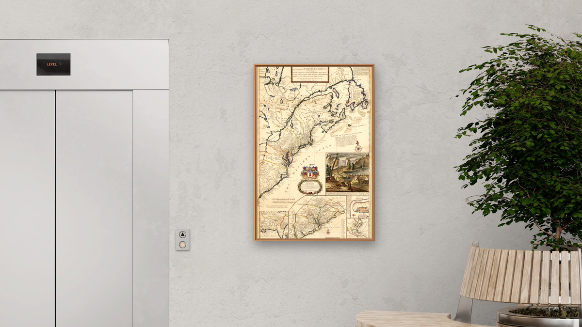 Exact map of the dominions of the King of Great Britain, shown at 28 × 42 in (71.1 × 106.7 cm) on canvas in Arber Raw Oak, office