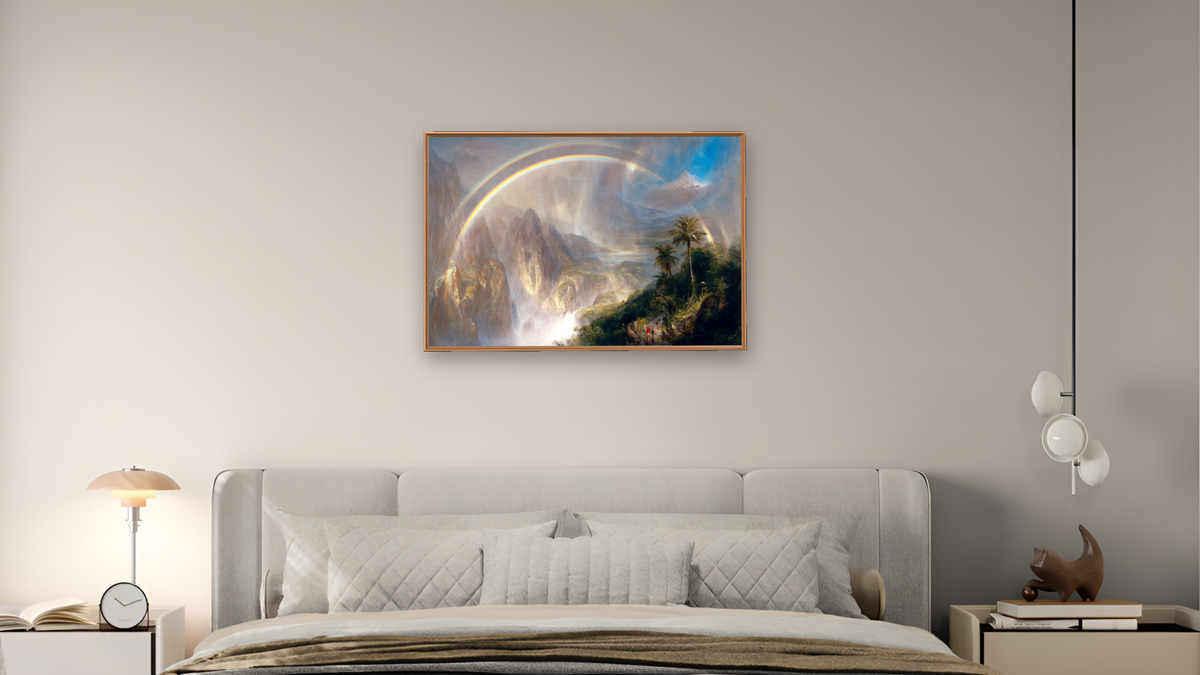 Rainy Season in the Tropics by Frederic Edwin Church, shown at 28 × 42 in (71.1 × 106.7 cm) on canvas in Arber Raw Oak, bedroom