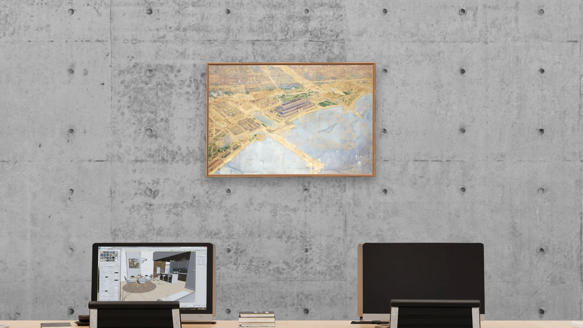 Bird's Eye View of 1893 World's Columbian Exposition Grounds by Childe Hassam, shown at 28 × 42 in (71.1 × 106.7 cm) on canvas in Arber Raw Oak, office
