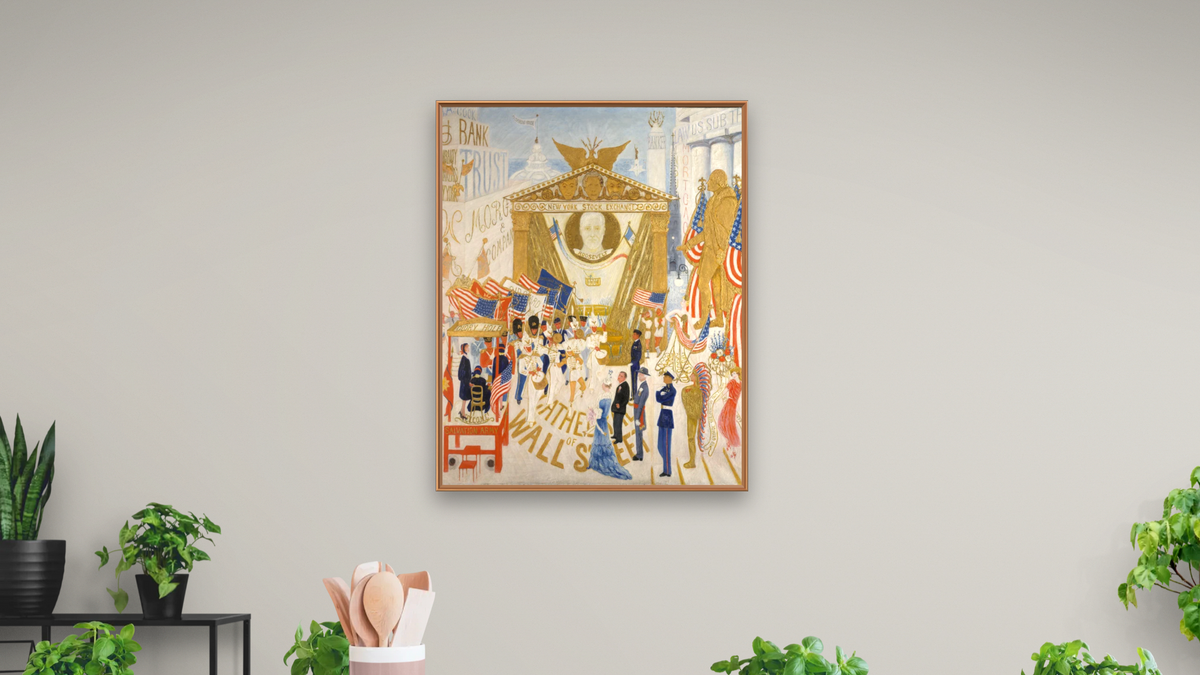 The Cathedrals of Wall Street by Florine Stettheimer, shown at 32 × 40 in (81.3 × 101.6 cm) on canvas in Arber Raw Oak, dining