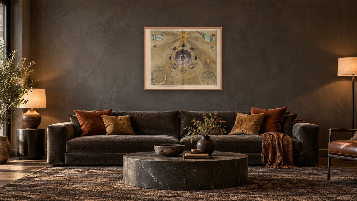 Plate 19 from Harmonia Macrocosmica by Andreas Cellarius, shown at 32 × 40 in (81.3 × 101.6 cm) on canvas in Arber Raw Oak, den