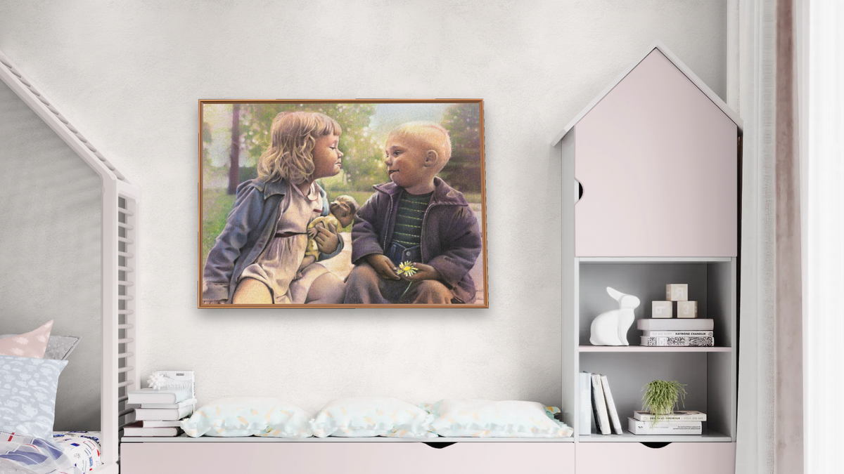 Sassy Girl by Kirsten Söderlind, shown at 30 × 40 in (76.2 × 101.6 cm) on canvas in Arber Raw Oak, bedroom