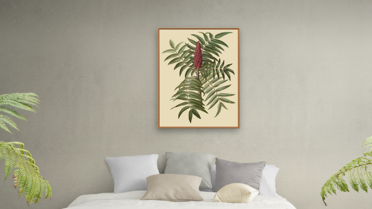 Rhus typhina by Johannes Simon Holtzbecher, shown at 30 × 40 in (76.2 × 101.6 cm) on canvas in Arber Raw Oak, bedroom