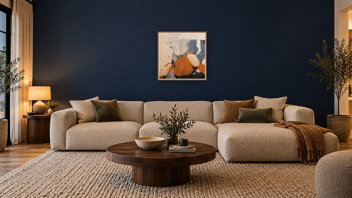 Snack 7 by Nino Yuniardi, shown at 32 × 32 in (81.3 × 81.3 cm) on canvas in Arber Raw Oak, media room