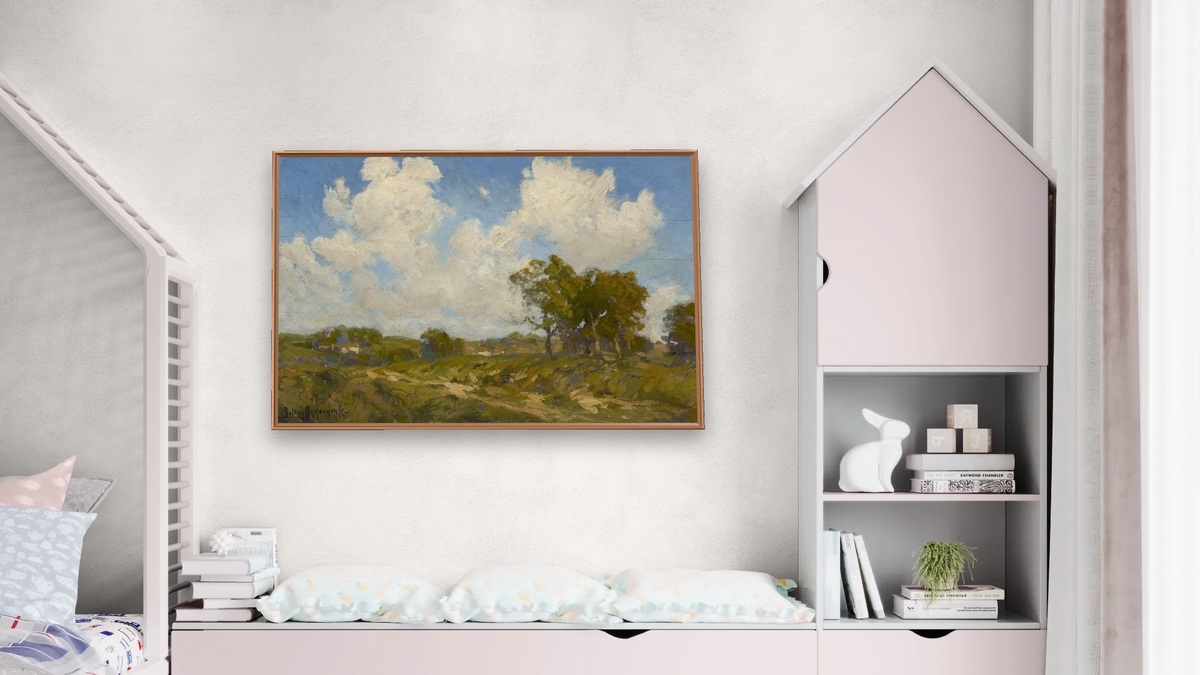 A Sunny Day by Julian Onderdonk, shown at 28 × 42 in (71.1 × 106.7 cm) on canvas in Arber Raw Oak, bedroom