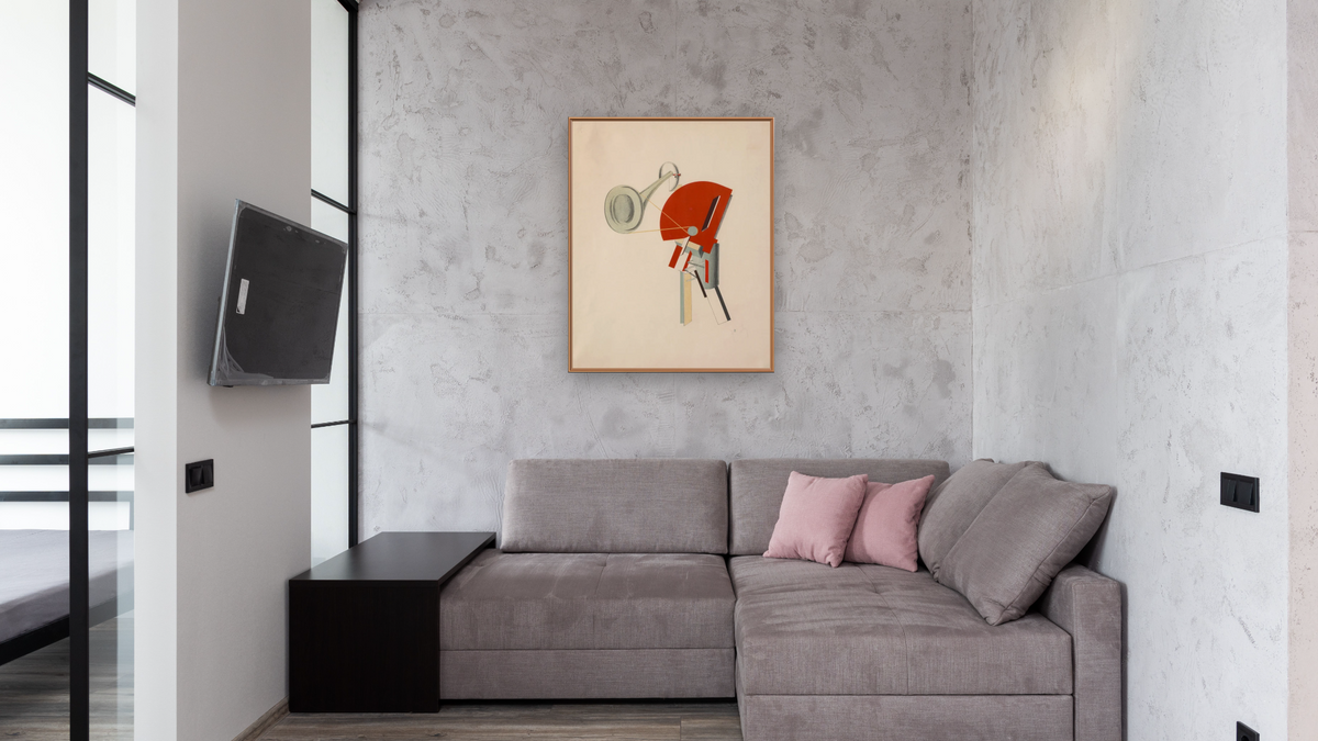 Radio Announcer by El Lissitzky, shown at 32 × 40 in (81.3 × 101.6 cm) on canvas in Arber Raw Oak, media room
