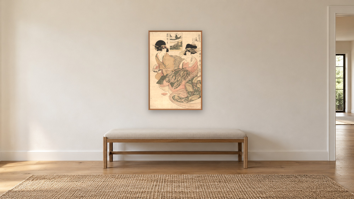 The courtesan Tsukasa of _giya by Kitagawa Utamaro, shown at 28 × 42 in (71.1 × 106.7 cm) on canvas in Arber Raw Oak, hallway