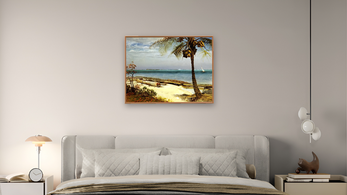 Tropical Coast by Albert Bierstadt, shown at 30 × 40 in (76.2 × 101.6 cm) on canvas in Arber Raw Oak, bedroom