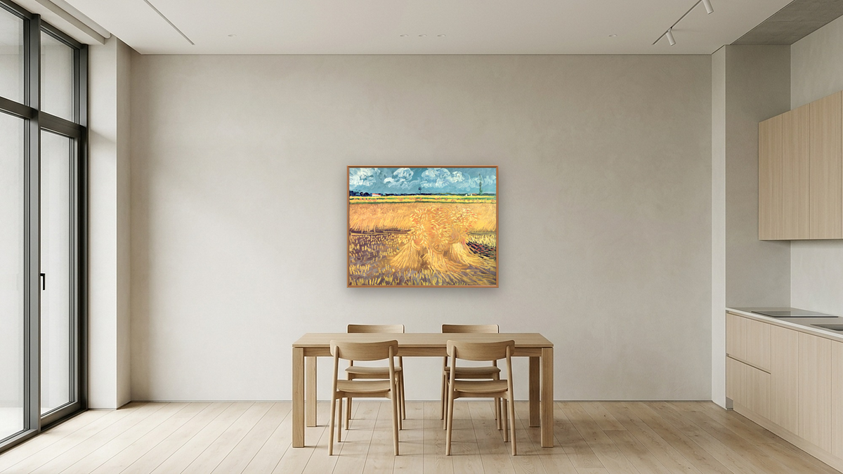 Wheat Field (Le Champ de Blé) by Vincent van Gogh, shown at 32 × 40 in (81.3 × 101.6 cm) on canvas in Arber Raw Oak, kitchen
