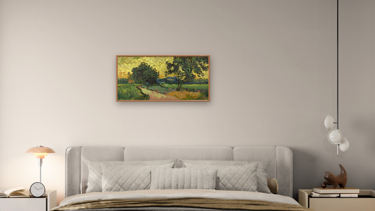 Landscape at Twilight by Vincent van Gogh, shown at 20 × 40 in (50.8 × 101.6 cm) on canvas in Arber Raw Oak, bedroom