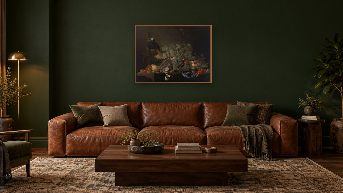 Still Life by Jan Davidsz de Heem, shown at 30 × 40 in (76.2 × 101.6 cm) on canvas in Arber Raw Oak, den