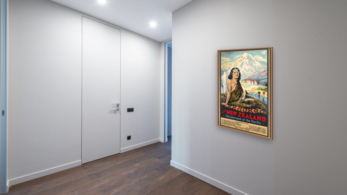 BPL Travel Posters, shown at 28 × 42 in (71.1 × 106.7 cm) on canvas in Arber Raw Oak, hallway
