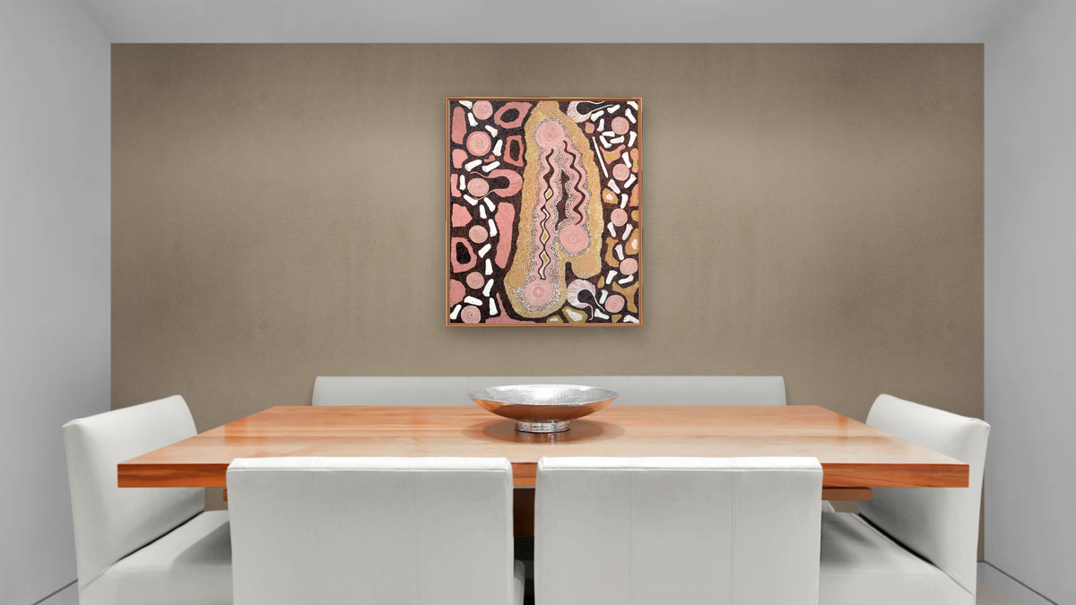 Big Snake Dreaming by Anatjari Tjakamarra, shown at 32 × 40 in (81.3 × 101.6 cm) on canvas in Arber Raw Oak, dining