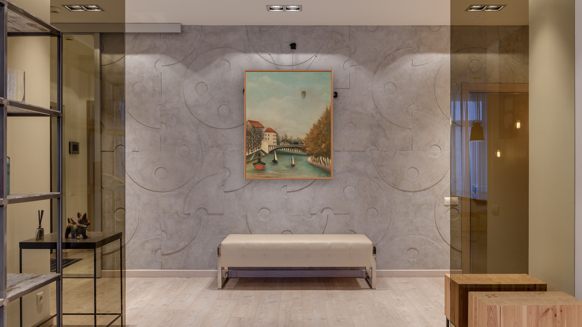 View of the Quai d'Asnières (Vue du quai d'Asnières) by Henri Rousseau, shown at 32 × 40 in (81.3 × 101.6 cm) on canvas in Arber Raw Oak, hallway