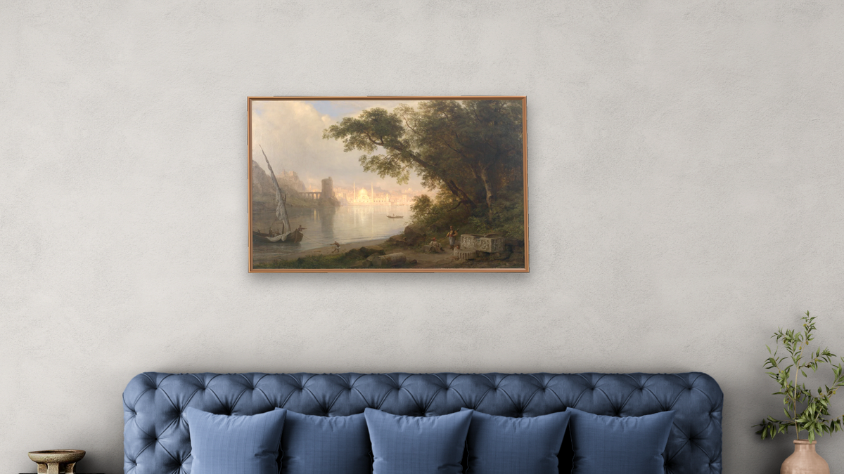 Al Ayn (The Fountain) by Frederic Edwin Church, shown at 28 × 42 in (71.1 × 106.7 cm) on canvas in Arber Raw Oak, bedroom