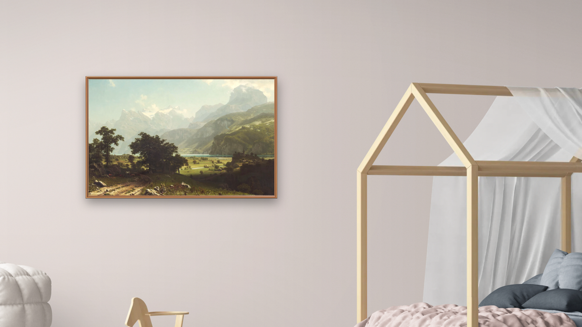 Lake Lucerne by Albert Bierstadt, shown at 28 × 42 in (71.1 × 106.7 cm) on canvas in Arber Raw Oak, bedroom