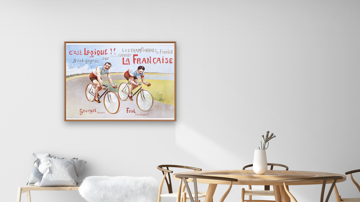 Circa 1906 French Poster for Marque Diamant, shown at 30 × 40 in (76.2 × 101.6 cm) on canvas in Arber Raw Oak, dining
