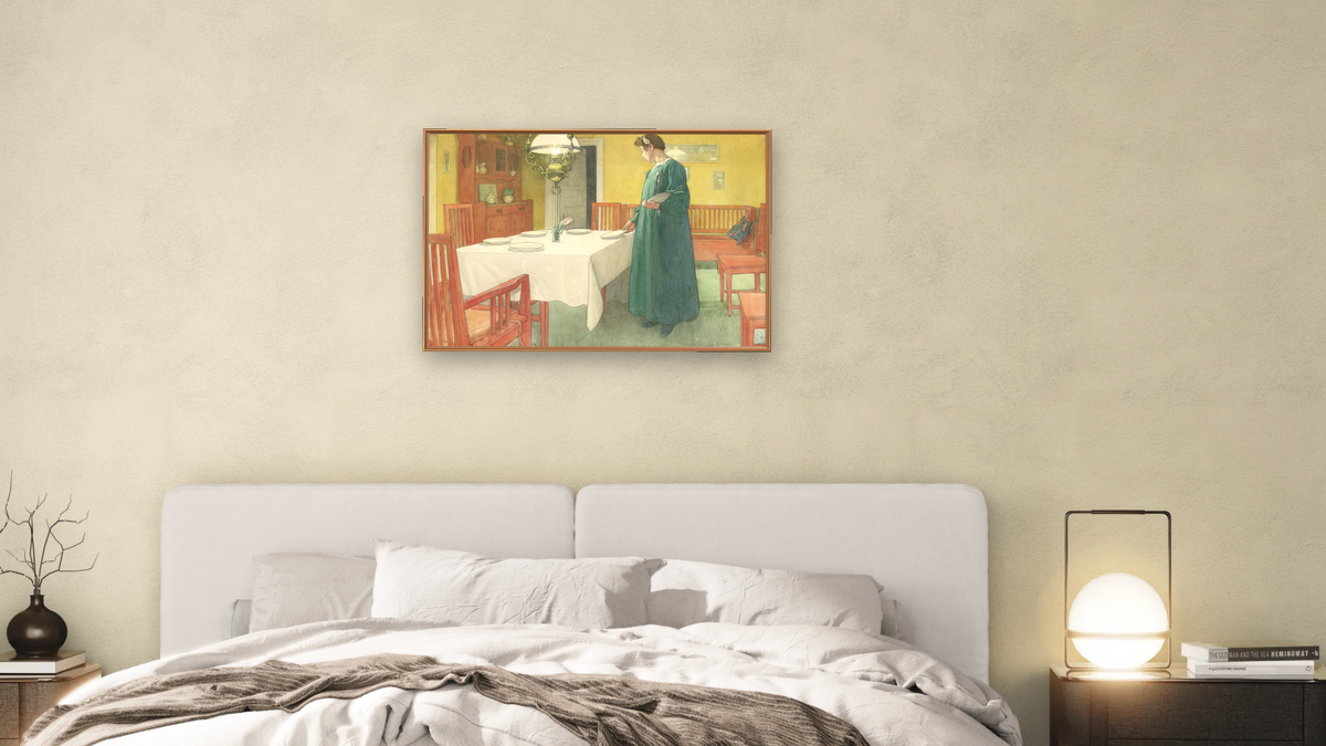 The Household (Lisbeth Setting the Table) by Carl Larsson, shown at 28 × 42 in (71.1 × 106.7 cm) on canvas in Arber Raw Oak, bedroom