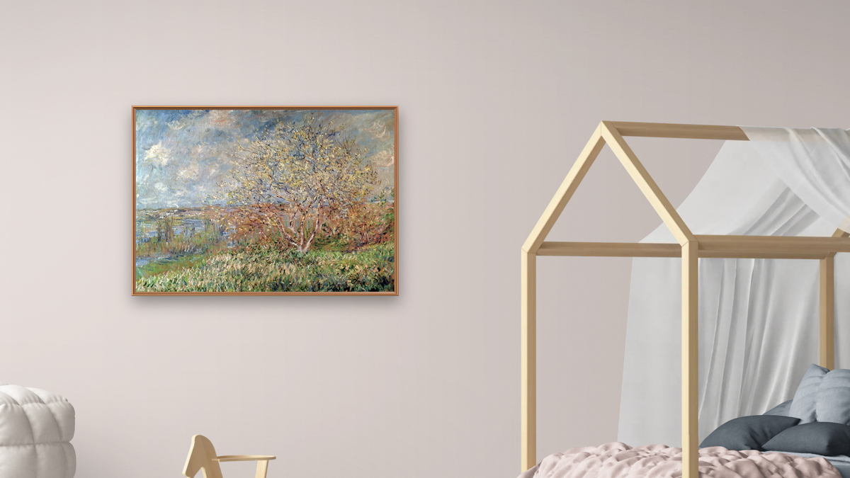 Spring by Claude Monet, shown at 30 × 40 in (76.2 × 101.6 cm) on canvas in Arber Raw Oak, bedroom