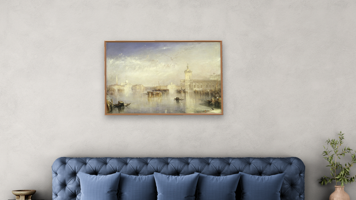 The Dogano, San Giorgio, Citella, from the Steps of the Europa by Joseph Mallord William Turner, shown at 28 × 42 in (71.1 × 106.7 cm) on canvas in Arber Raw Oak, bedroom