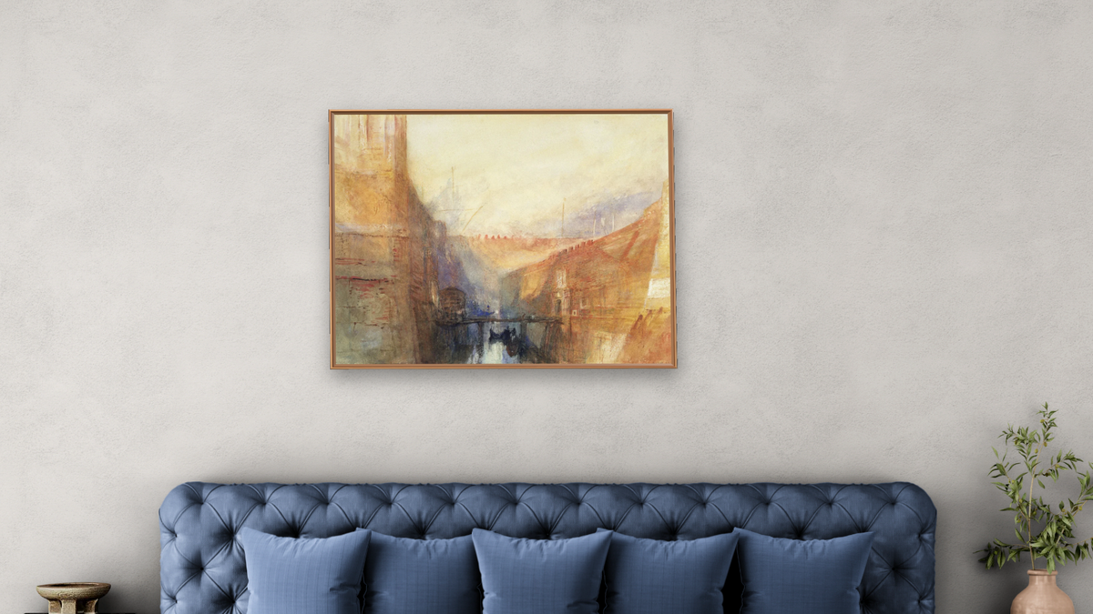 Venice: An Imaginary View of the Arsenale by Joseph Mallord William Turner, shown at 32 × 40 in (81.3 × 101.6 cm) on canvas in Arber Raw Oak, bedroom