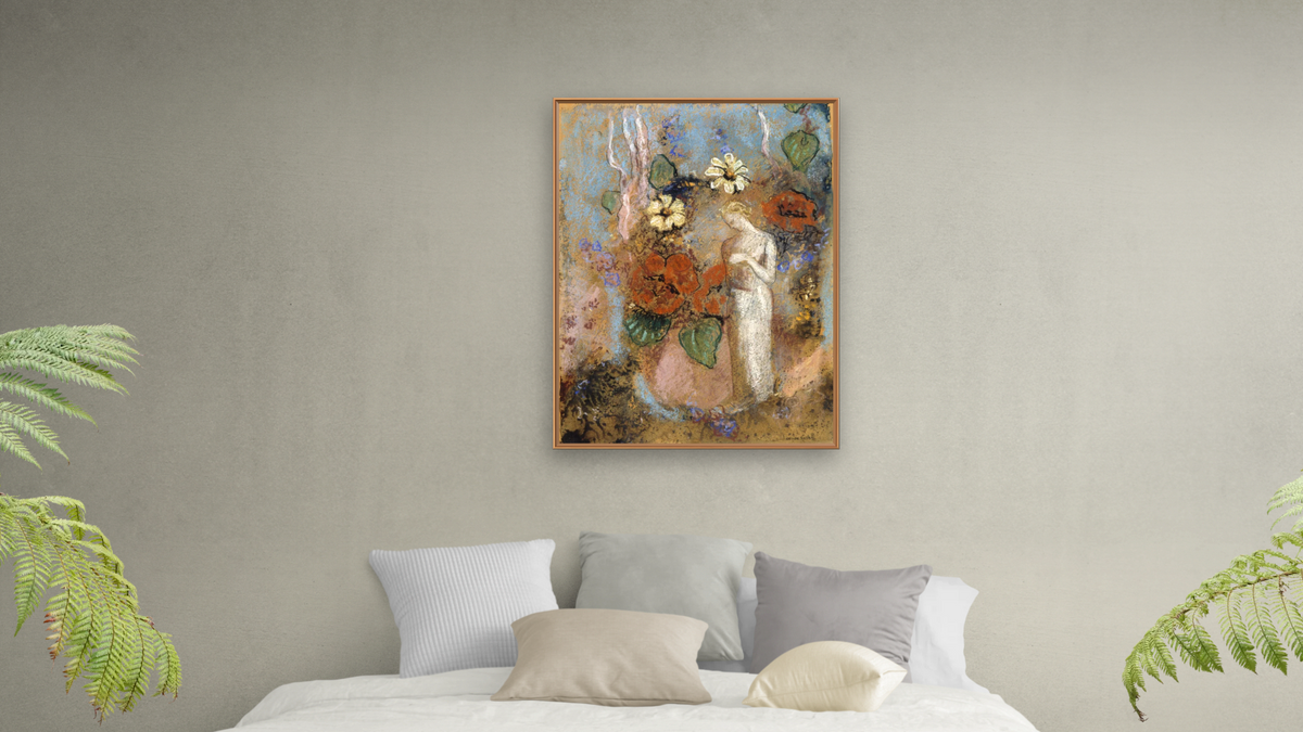 Pandora by Odilon Redon, shown at 30 × 40 in (76.2 × 101.6 cm) on canvas in Arber Raw Oak, bedroom