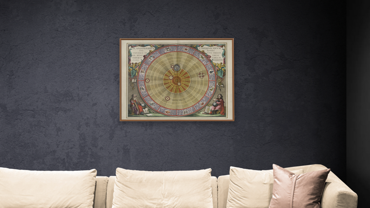 Plate 4 from Harmonia Macrocosmica by Andreas Cellarius, shown at 32 × 40 in (81.3 × 101.6 cm) on canvas in Arber Raw Oak, living