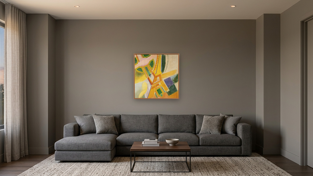 Eiffel Tower by Robert Delaunay, shown at 32 × 32 in (81.3 × 81.3 cm) on canvas in Arber Raw Oak, media room