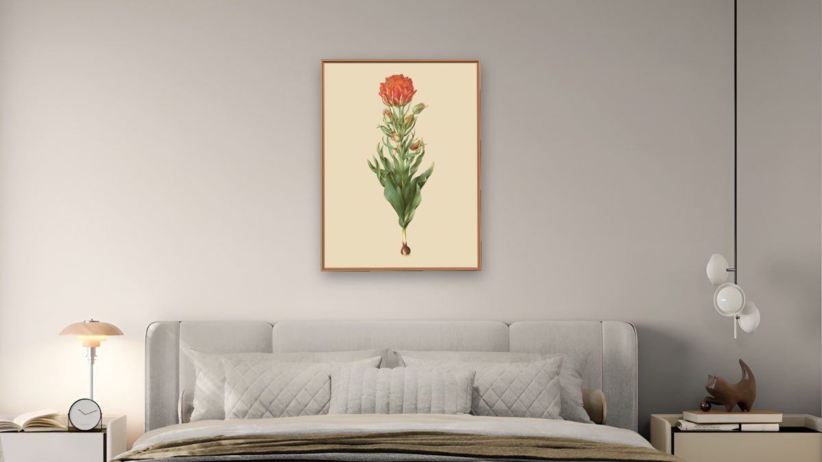 Tulipa gesneriana by Johannes Simon Holtzbecher, shown at 30 × 40 in (76.2 × 101.6 cm) on canvas in Arber Raw Oak, bedroom