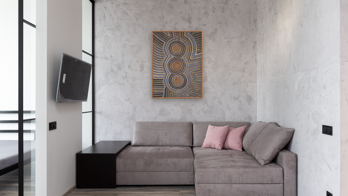Women's Dreaming, shown at 30 × 40 in (76.2 × 101.6 cm) on canvas in Arber Raw Oak, media room