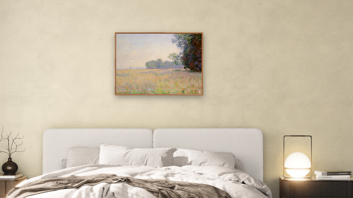 Champ d'avoine (Oat Field) by Claude Monet, shown at 30 × 40 in (76.2 × 101.6 cm) on canvas in Arber Raw Oak, bedroom