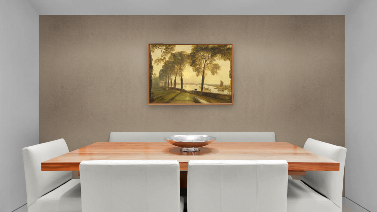 Mortlake Terrace by Joseph Mallord William Turner, shown at 30 × 40 in (76.2 × 101.6 cm) on canvas in Arber Raw Oak, dining