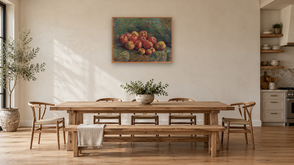 Apples by Vincent van Gogh, shown at 30 × 40 in (76.2 × 101.6 cm) on canvas in Arber Raw Oak, kitchen